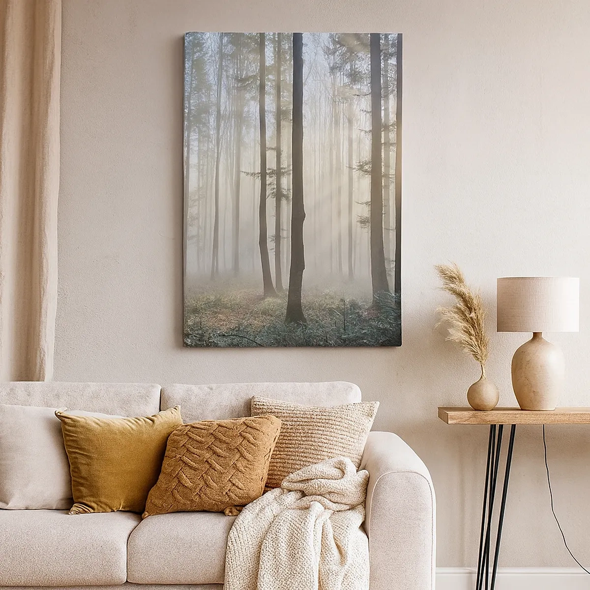 Cuadro sobre lienzo - Impresión de Imagen - Un bosque en medio de una ligera niebla con rayos de sol brillando a través de los árboles. - 50x70cm - La niebla también está despierta - Decoración de pared moderna para salón y dormitorio ARTTOR