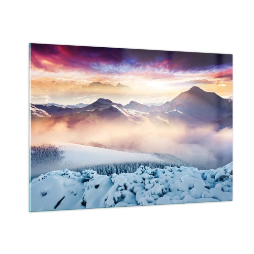 Cuadro sobre vidrio - Impresiones sobre Vidrio - Paisaje invernal de montaña con puesta de sol y niebla - 100x70cm - La fuerza y la pureza de la naturaleza - Decoración de pared moderna para salón y dormitorio ARTTOR