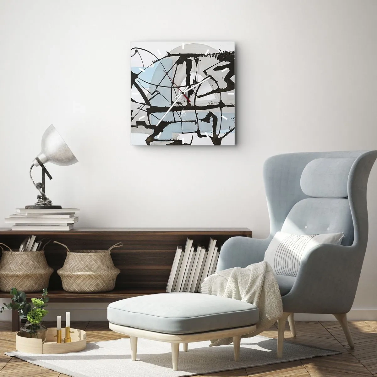 Reloj de pared - Reloj de vidrio - Líneas y formas abstractas en azul y negro. - 30x30cm - Azul a pesar de todo - Decoración de pared moderna para salón y dormitorio ARTTOR