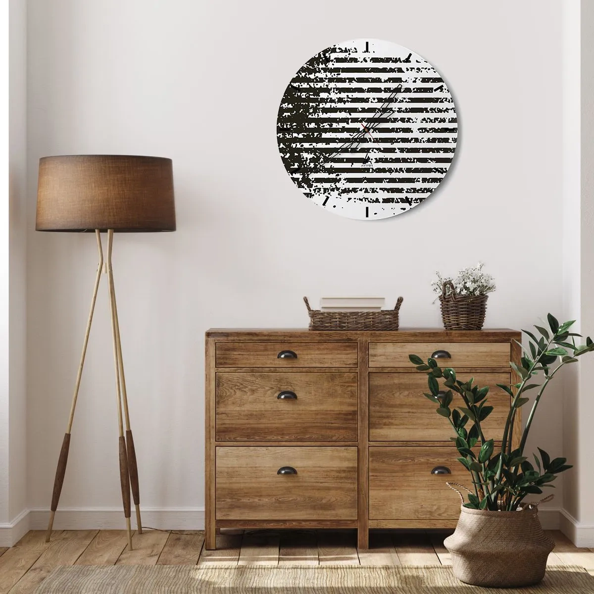 Reloj de pared - Reloj de vidrio - Rayas horizontales blancas y negras con textura irregular. - 30x30cm - Ritmo y ruido - Decoración de pared moderna para salón, cocina y dormitorio ARTTOR