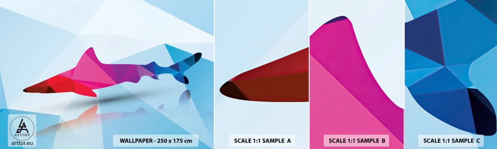 Muestra de fotomural autoadhesivo Deluxe Sticker - Tiburón en espacio cristalino - animales, Tiburón, Figura Geométrica - 100x30 cm