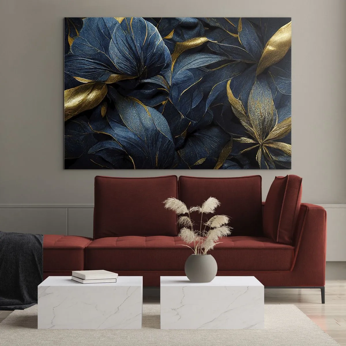 Cuadro sobre vidrio - Impresiones sobre Vidrio - Hojas de color azul oscuro con sutiles acentos dorados. - 70x50cm - Forradas de oro - Decoración de pared moderna para salón y dormitorio ARTTOR