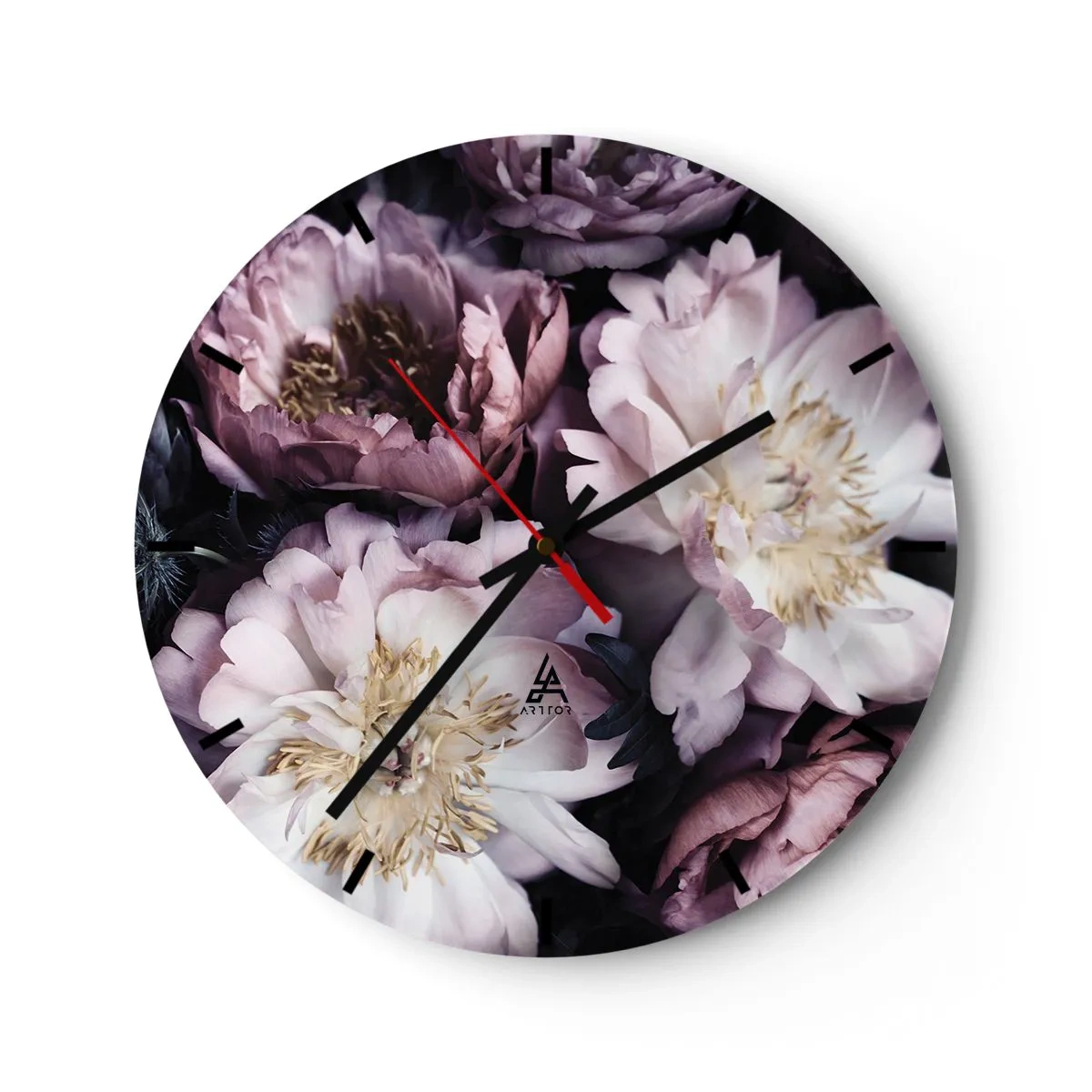 Reloj de pared - Reloj de vidrio - Peonías rosas y crema en un arreglo denso y sombreado. - 30x30cm - Un ramo a la antigua usanza - Decoración de pared moderna para salón, cocina y dormitorio ARTTOR