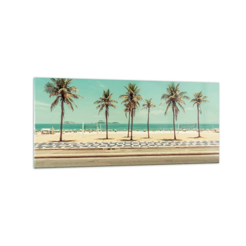 Cuadro sobre vidrio - Impresiones sobre Vidrio - Palmeras en la playa con vistas al mar y al cielo azul. - 120x50cm - En la playa - Decoración de pared moderna para salón y dormitorio ARTTOR
