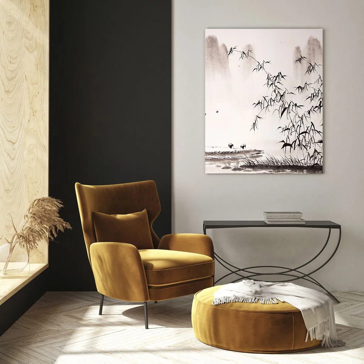 Cuadro sobre vidrio - Impresiones sobre Vidrio - Un paisaje minimalista de estilo oriental. - 70x100cm - El silencio de los arrozales - Decoración de pared moderna para salón y dormitorio ARTTOR