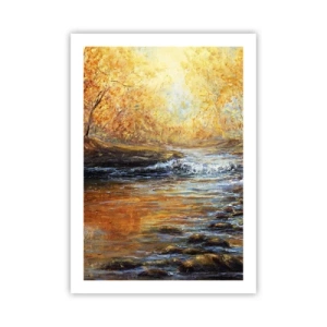 Póster - Un arroyo otoñal rodeado de árboles dorados. - 50x70cm - Arroyo de oro - Decoración de pared moderna para salón y dormitorio ARTTOR
