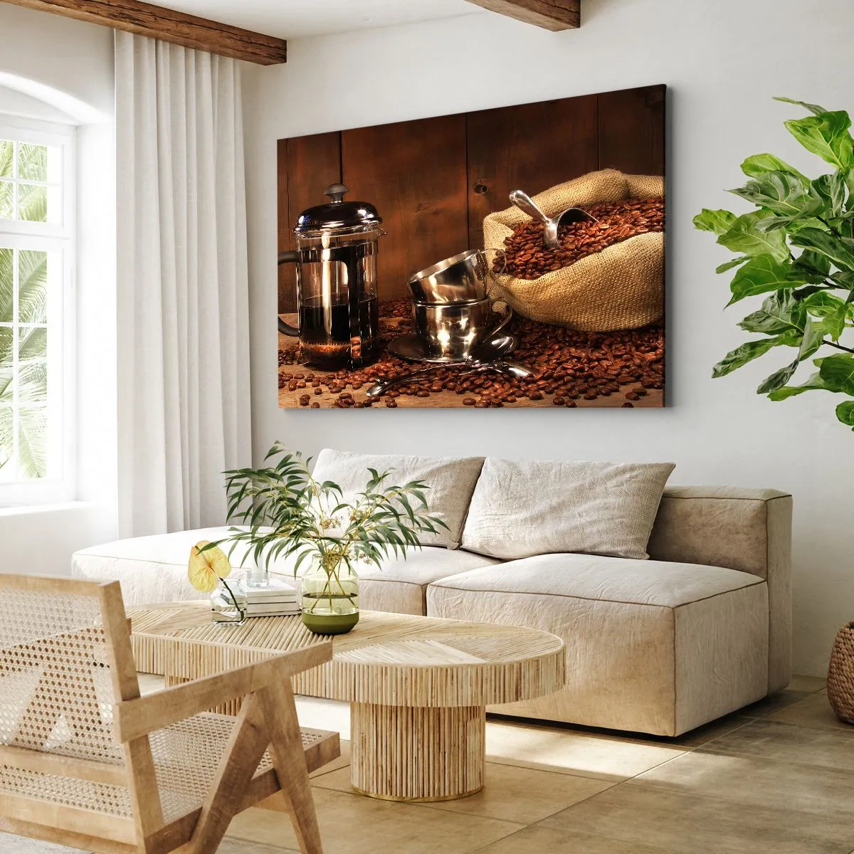 Cuadro sobre lienzo - Impresión de Imagen - Prensa francesa, tazas y una bolsa de café sobre un fondo de madera. - 120x80cm - El embrujo del café: aroma y sabor - Decoración de pared moderna para salón y dormitorio ARTTOR