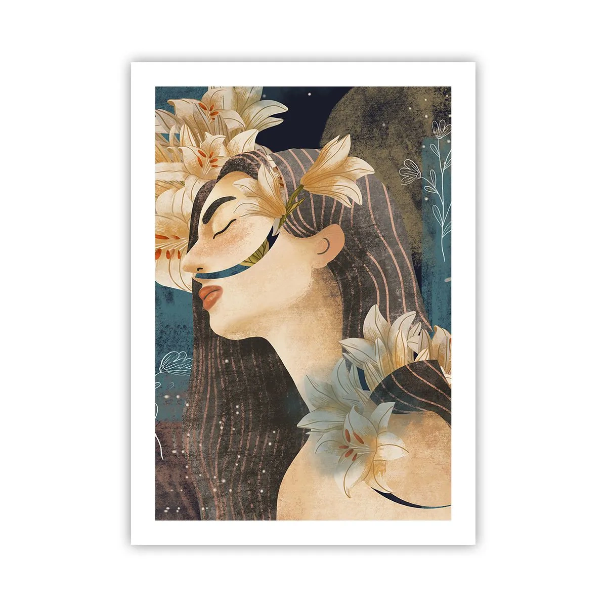 Póster - Perfil de una mujer rodeada de lirios sobre un fondo azul marino - 50x70cm - Cuento de princesa con lirios - Decoración de pared moderna para salón y dormitorio ARTTOR