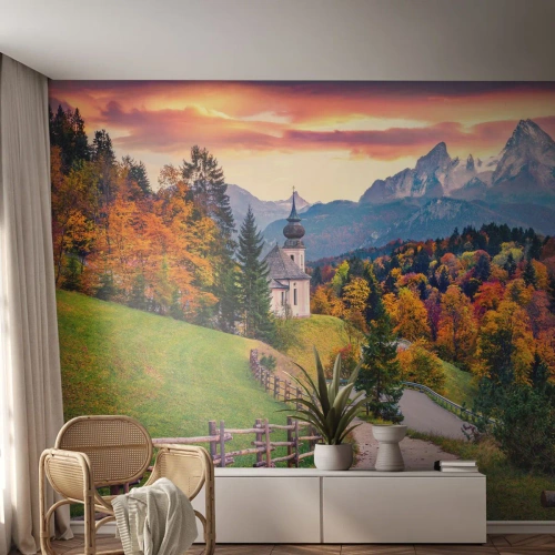 Fotomural Standard Eco - Paisaje como una pintura - paisaje de montaña, Camino, Iglesia - 150x105 cm