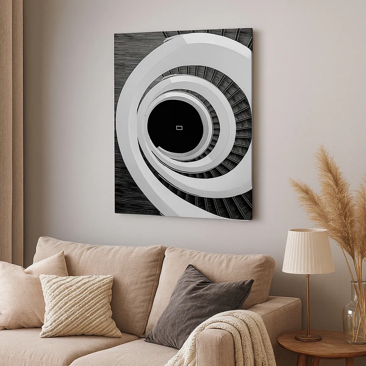 Cuadro sobre lienzo - Impresión de Imagen - Escalera de caracol en blanco y negro de estilo moderno. - 50x70cm - Hacia el origen - Decoración de pared moderna para salón y dormitorio ARTTOR