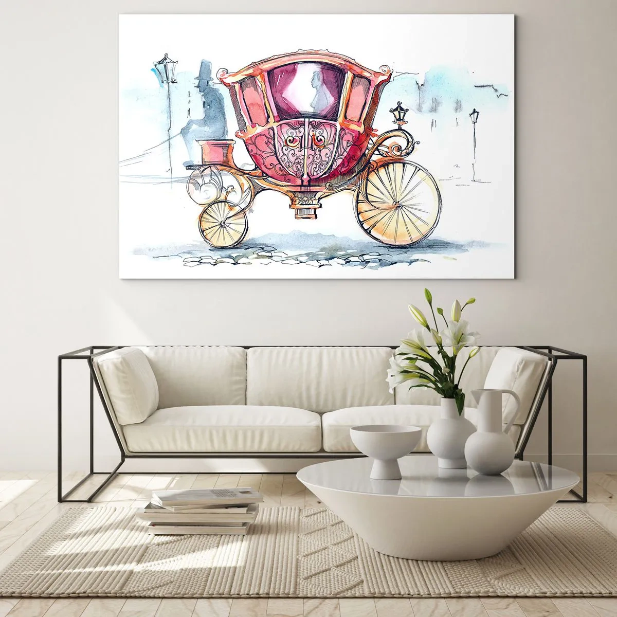 Cuadro sobre vidrio - Impresiones sobre Vidrio - Un elegante carruaje de estilo acuarela sobre un fondo de calle. - 70x50cm - ¿A la boda o al baile? - Decoración de pared moderna para salón y dormitorio ARTTOR