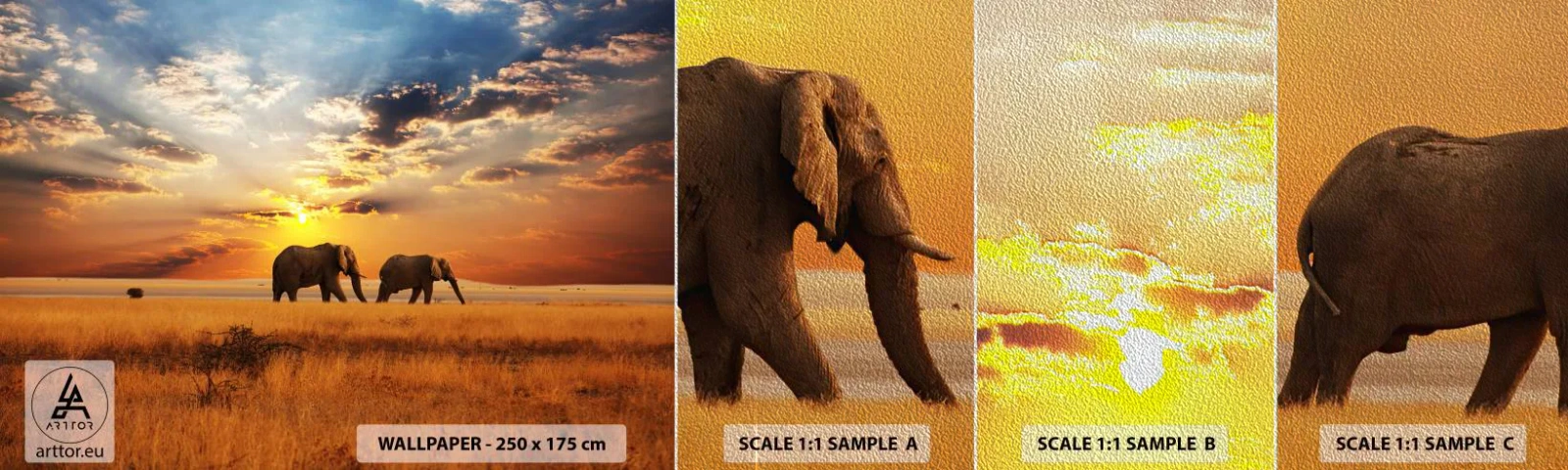 Muestra de fotomural Premium Sand - Un paseo en familia - animales, África, Elefante - 100x30 cm