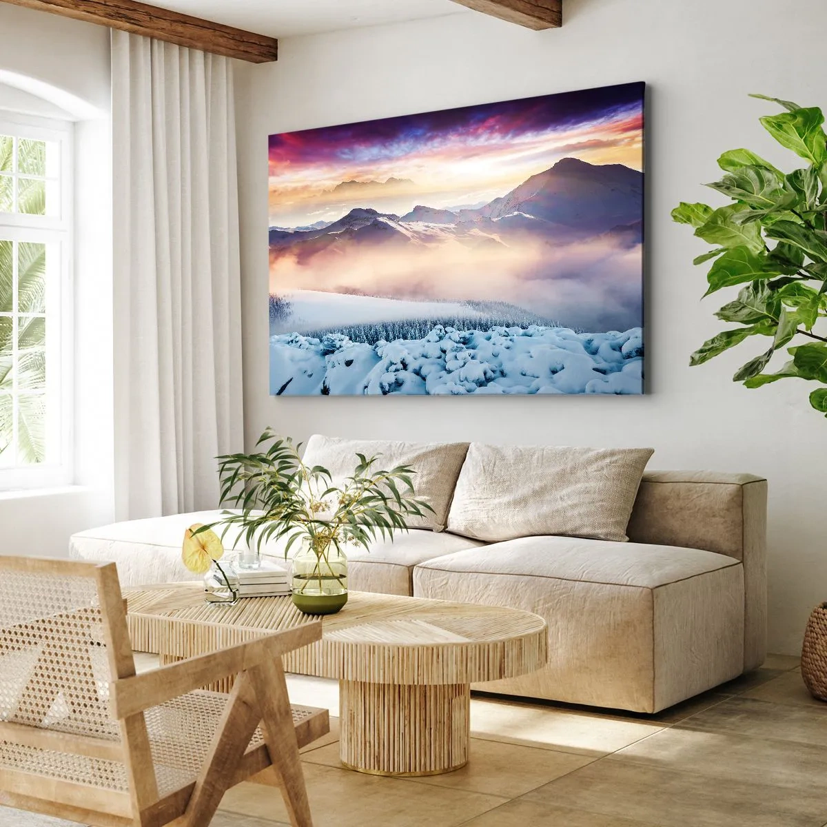 Cuadro sobre lienzo - Impresión de Imagen - Montañas cubiertas de nieve al amanecer con un cielo colorido. - 70x50cm - La fuerza y la pureza de la naturaleza - Decoración de pared moderna para salón y dormitorio ARTTOR