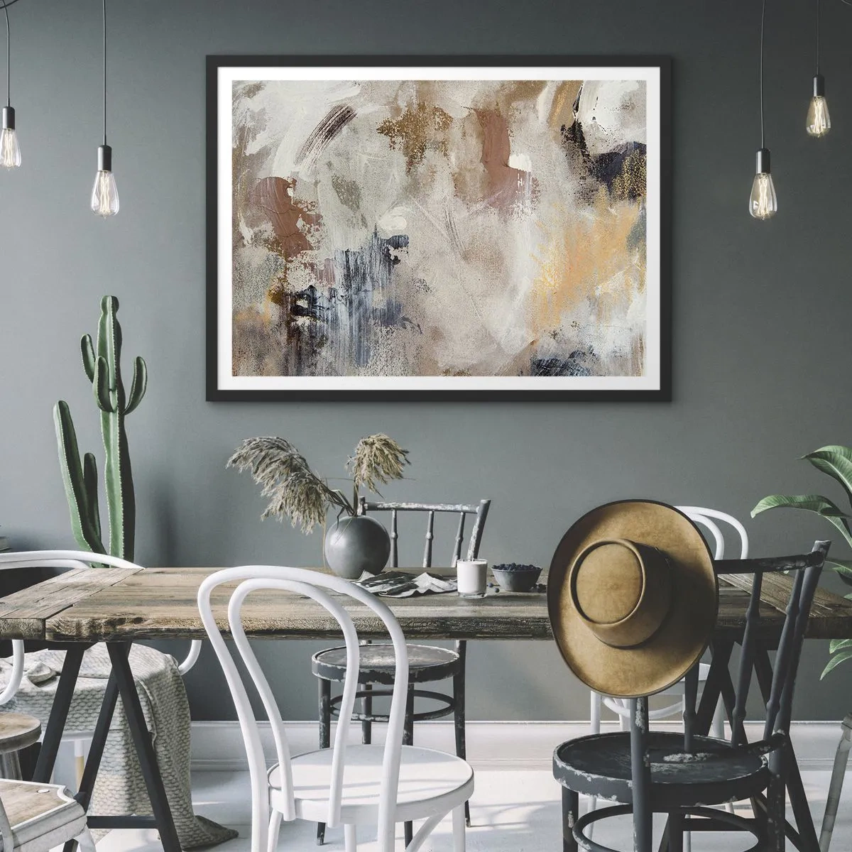 Póster en marco negro - Manchas abstractas en tonos apagados de beige y dorado. - 70x50cm - Abstracción brumosa - Decoración de pared moderna para salón y dormitorio ARTTOR