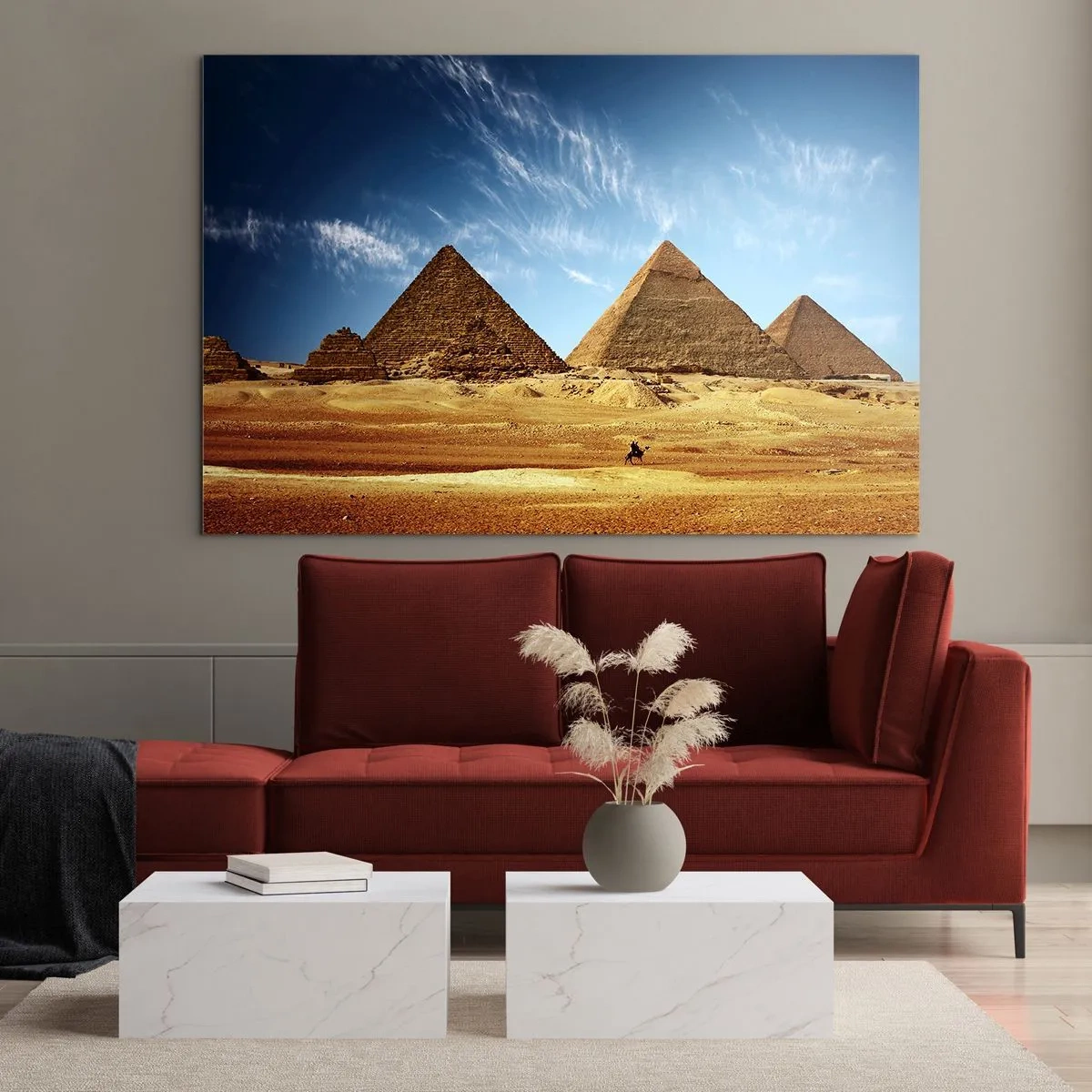 Cuadro sobre vidrio - Impresiones sobre Vidrio - Las pirámides de Giza contra el cielo azul. - 70x50cm - 40 siglos te observan - Decoración de pared moderna para salón y dormitorio ARTTOR