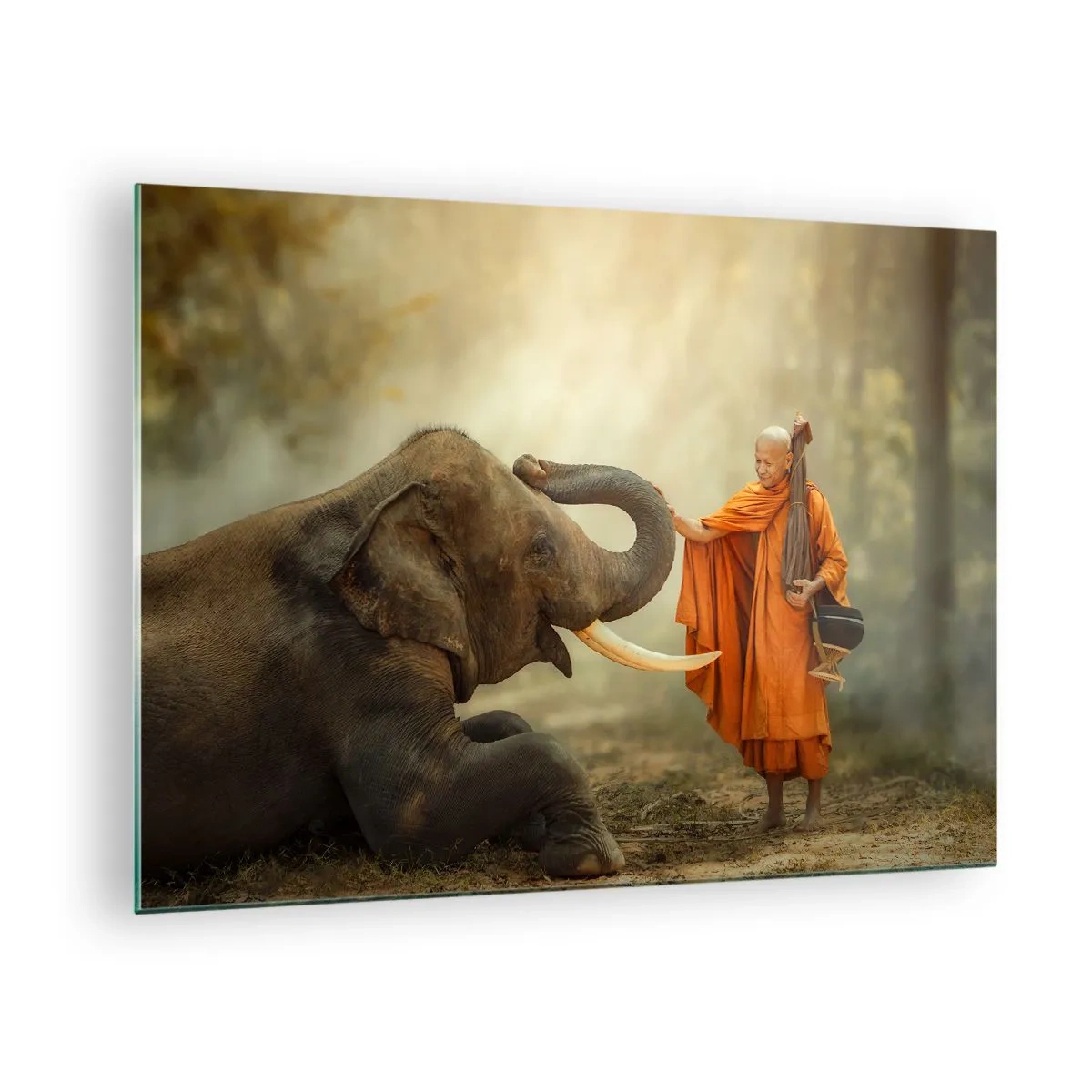 Cuadro sobre vidrio - Impresiones sobre Vidrio - Un monje con túnicas naranjas con un elefante en un entorno natural. - 70x50cm - Un encuentro en un viaje - Decoración de pared moderna para salón y dormitorio ARTTOR