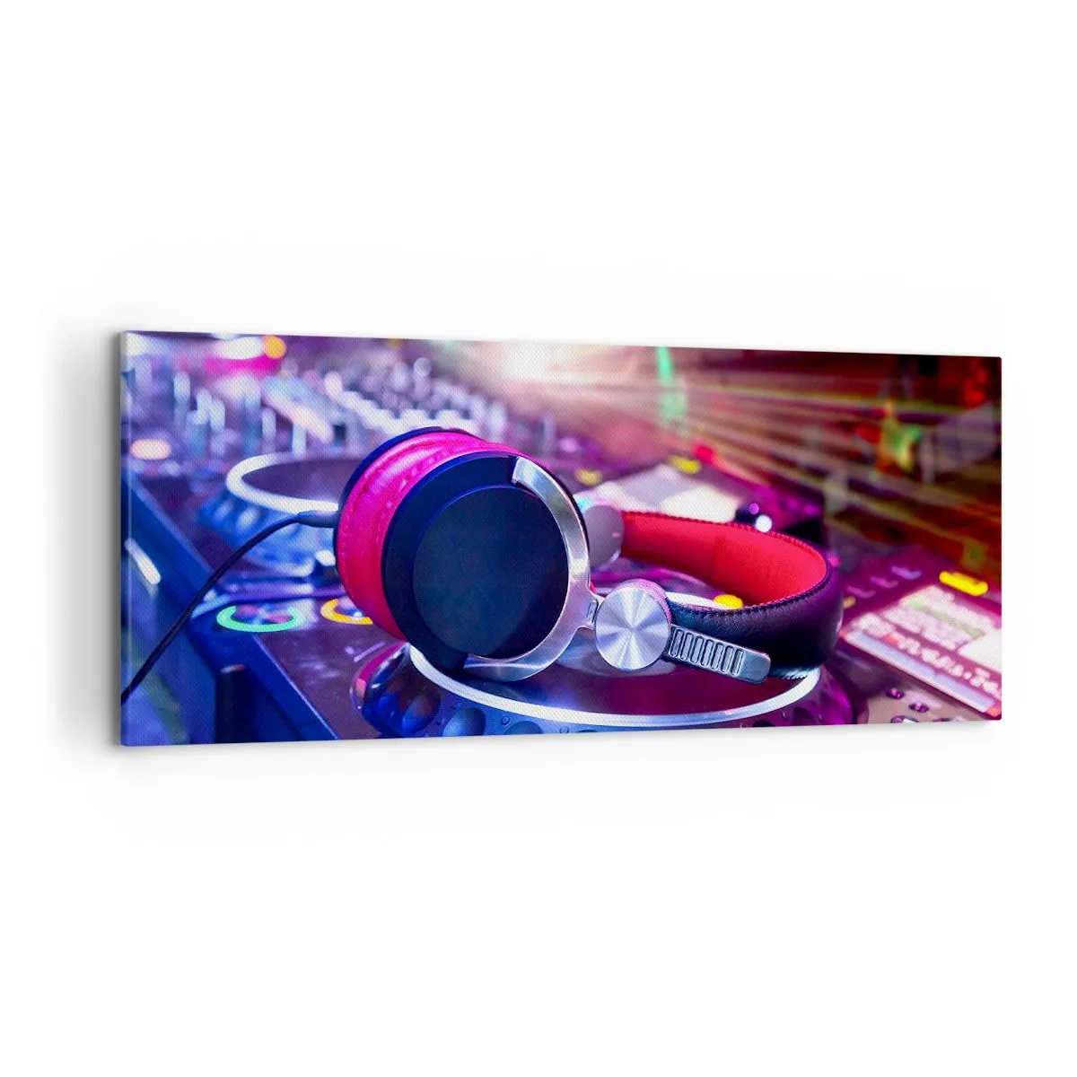 Cuadro sobre lienzo - Impresión de Imagen - Auriculares de DJ en una consola iluminada por focos en una fiesta - 120x50cm - Empieza la fiesta - Decoración de pared moderna para salón y dormitorio ARTTOR
