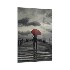 Cuadro sobre vidrio - Impresiones sobre Vidrio - Un hombre con un paraguas rojo en un muelle de madera bajo la lluvia. - 50x70cm - No importa que llueva - Decoración de pared moderna para salón y dormitorio ARTTOR