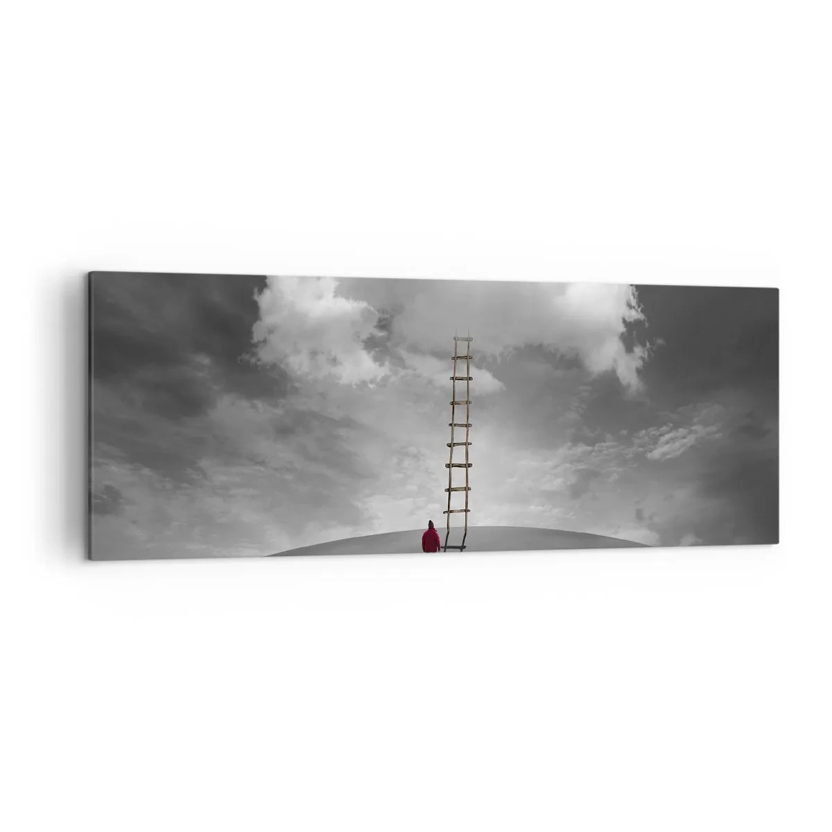 Cuadro sobre lienzo - Impresión de Imagen - Una persona con un abrigo rojo y una escalera que conduce a una nube. - 140x50cm - Todo es posible - Decoración de pared moderna para salón y dormitorio ARTTOR