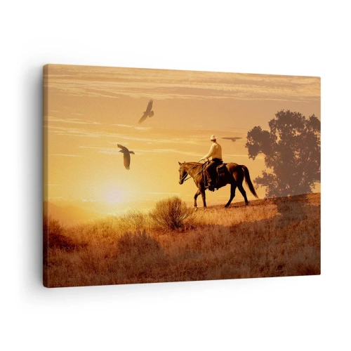 Cuadro sobre lienzo - Impresión de Imagen - Un jinete a caballo al atardecer contra la pradera. - 70x50cm - Solo a través de la pradera - Decoración de pared moderna para salón y dormitorio ARTTOR