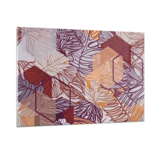 Cuadro sobre vidrio - Impresiones sobre Vidrio - Hojas gráficas sobre un fondo de formas geométricas. - 120x80cm - La unión imposible de la geometría y la naturaleza - Decoración de pared moderna para salón y dormitorio ARTTOR