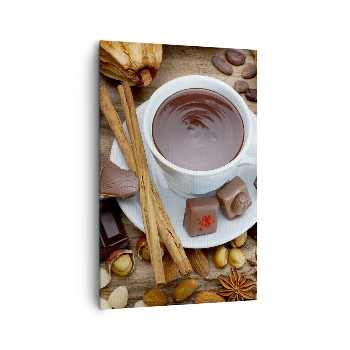 Cuadro sobre lienzo - Impresión de Imagen - Una taza de chocolate caliente rodeada de ingredientes de postre. - 80x120cm - Chocolate de ensueño - Decoración de pared moderna para salón y dormitorio ARTTOR