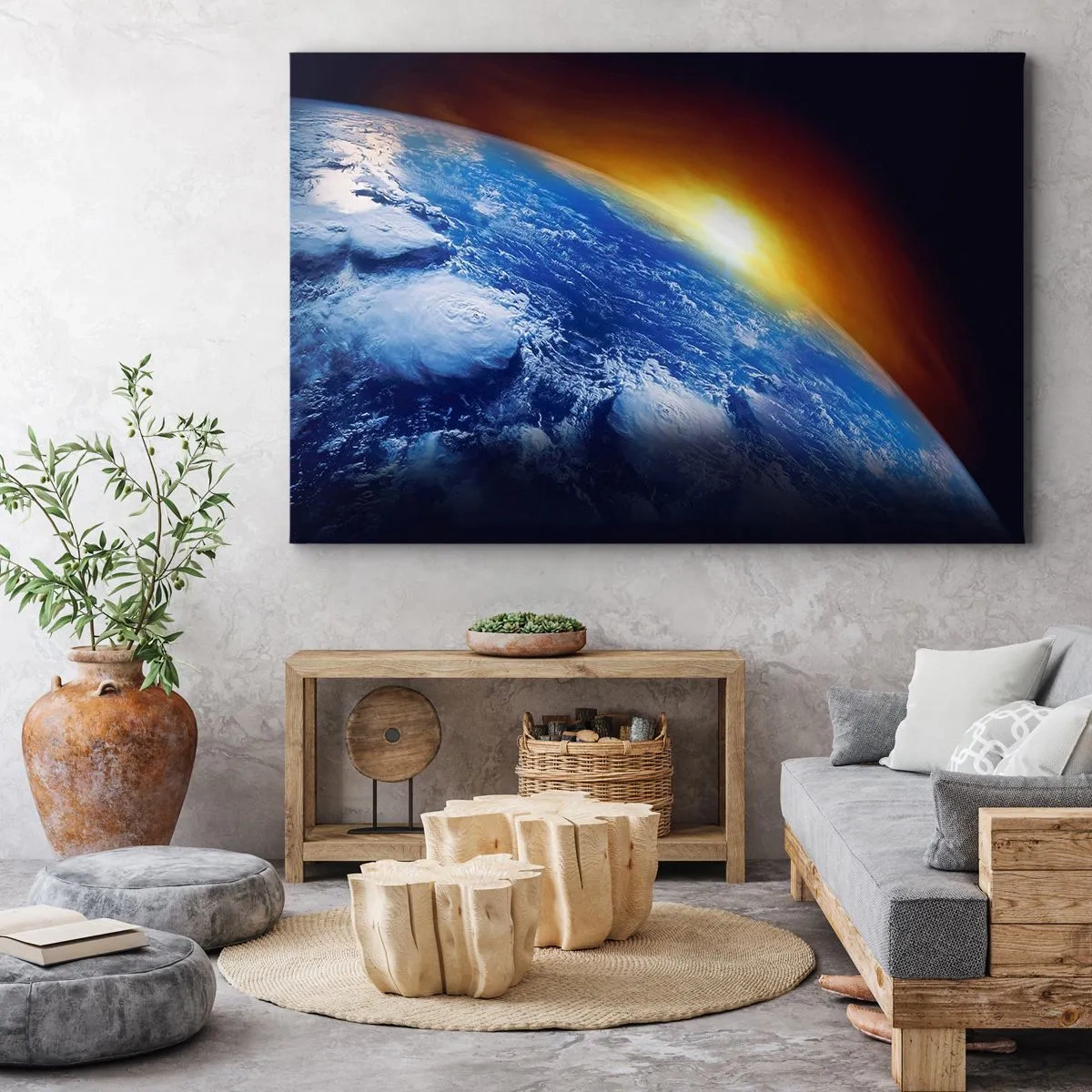 Cuadro sobre lienzo - Impresión de Imagen - Vista de la Tierra desde el espacio al atardecer - 70x50cm - Amanecer en un planeta azul - Decoración de pared moderna para salón y dormitorio ARTTOR