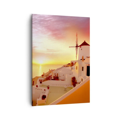 Cuadro sobre lienzo - Impresión de Imagen - Santorini al atardecer con un molino de viento - 50x70cm - Blanco y dorado - Decoración de pared moderna para salón y dormitorio ARTTOR
