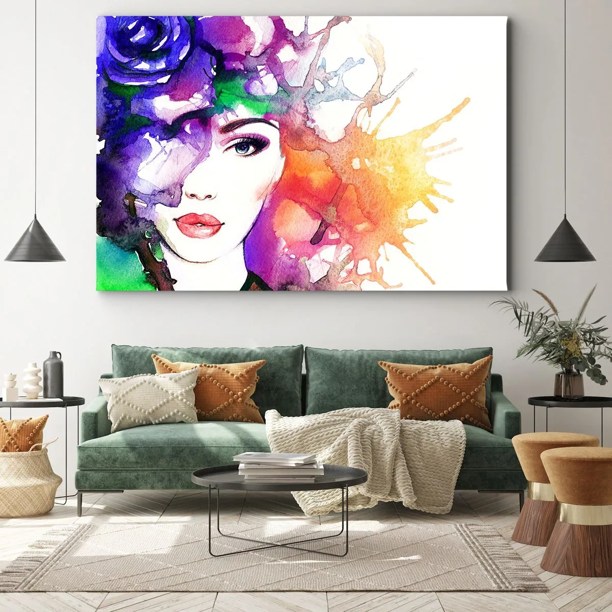 Cuadro sobre lienzo - Impresión de Imagen - Retrato de una mujer en colores de acuarela con manchas abstractas. - 70x50cm - Con la cabeza en las nubes - Decoración de pared moderna para salón y dormitorio ARTTOR