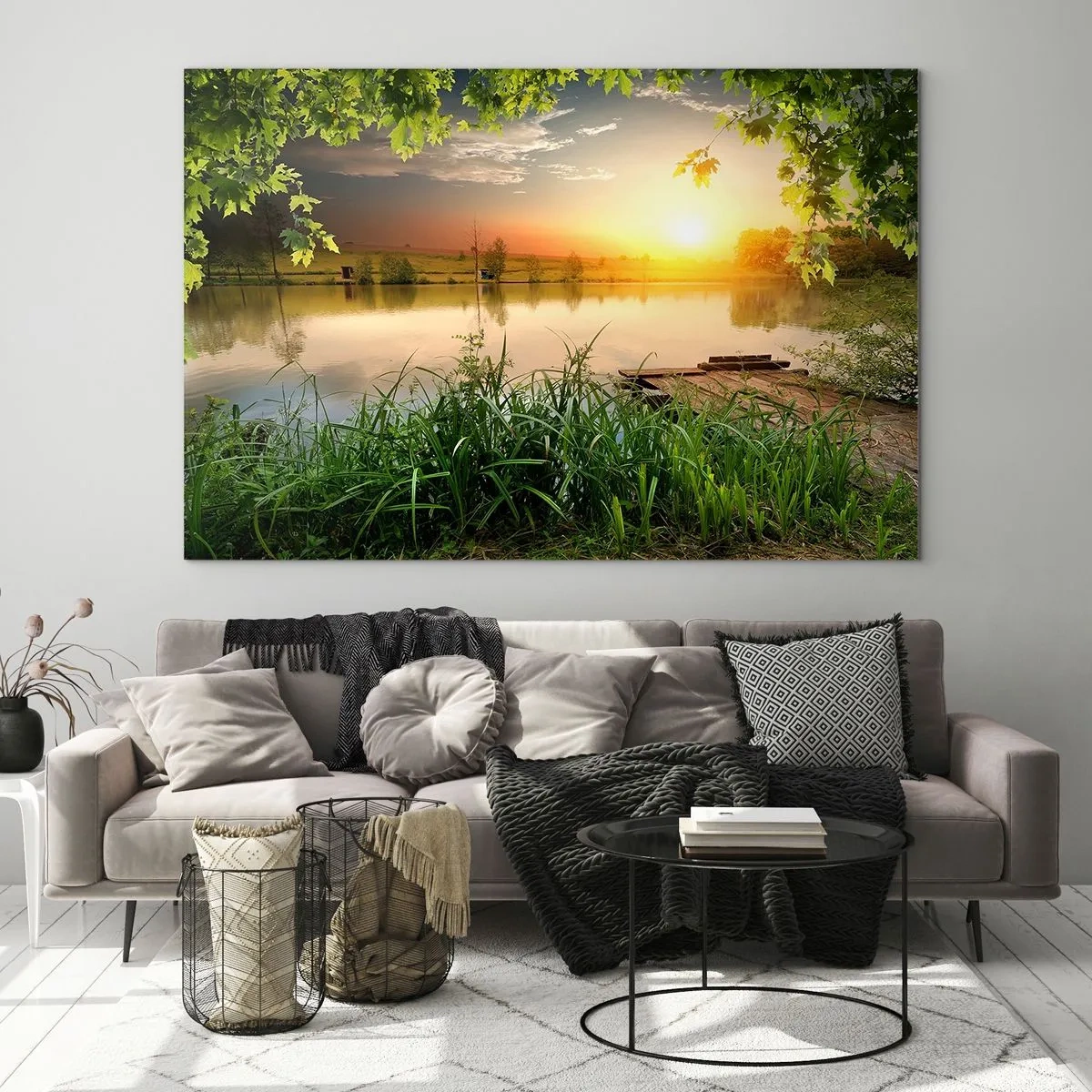 Cuadro sobre vidrio - Impresiones sobre Vidrio - Paisaje con un lago rodeado de vegetación al atardecer - 70x50cm - Paisaje en un marco verde - Decoración de pared moderna para salón y dormitorio ARTTOR