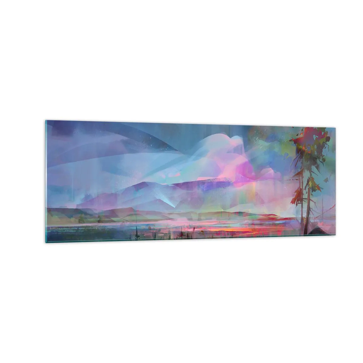 Cuadro sobre vidrio - Impresiones sobre Vidrio - Paisaje de montaña con un cielo colorido y un pueblo. - 140x50cm - Bajo un cielo benévolo - Decoración de pared moderna para salón y dormitorio ARTTOR