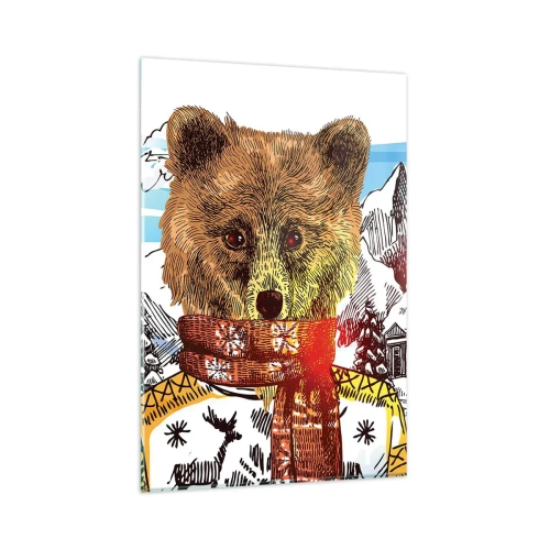 Cuadro sobre vidrio - Impresiones sobre Vidrio - Un oso con un suéter y una bufanda con una casa de montaña al fondo. - 80x120cm - Así paso yo el invierno - Decoración de pared moderna para salón y dormitorio ARTTOR