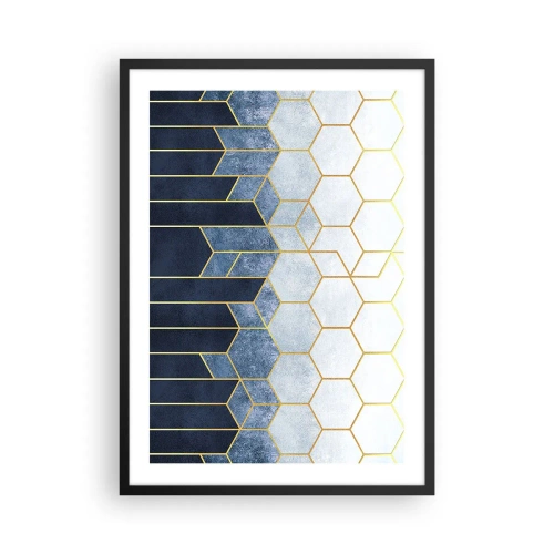 Póster en marco negro - Composición geométrica en tonos azul marino y dorado con hexágonos. - 50x70cm - Composición rítmica visual - Decoración de pared moderna para salón y dormitorio ARTTOR