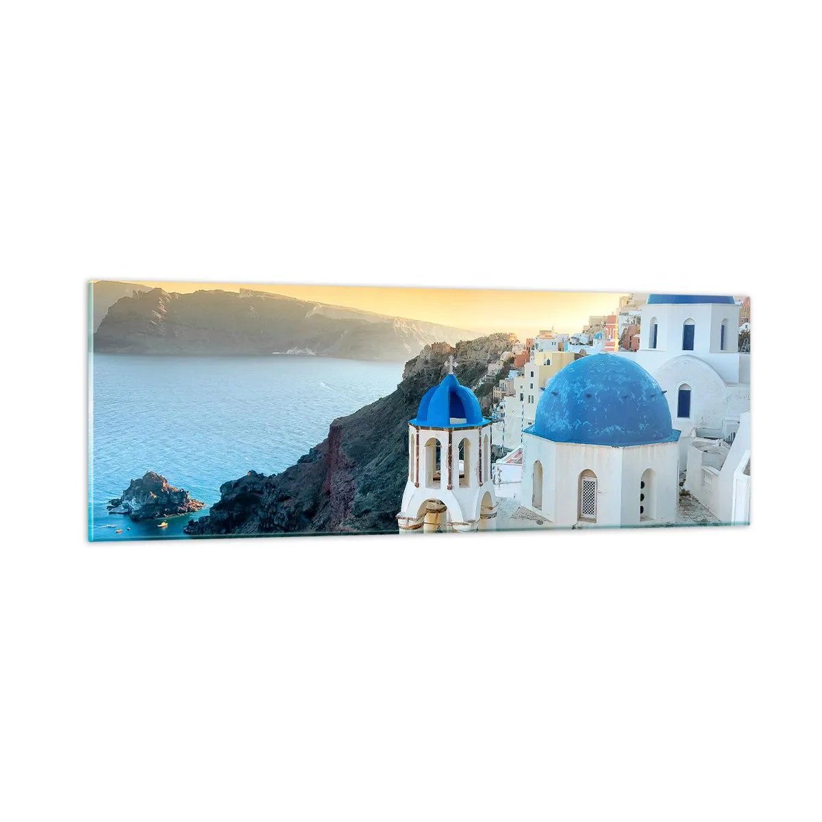 Cuadro sobre vidrio - Impresiones sobre Vidrio - Santorini - el abrazo a las rocas - 90x30 cm