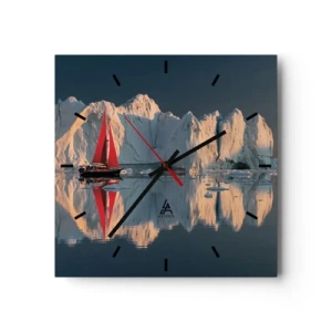Reloj de pared - Reloj de vidrio - Un velero con una vela roja con el fondo de un glaciar. - 30x30cm - En el límite del mundo - Decoración de pared moderna para salón y dormitorio ARTTOR