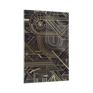 Cuadro sobre vidrio - Impresiones sobre Vidrio - Patrones geométricos dorados sobre fondo negro en estilo Art Déco - 80x120cm - Conceptos, ideas, planes - Decoración de pared moderna para salón y dormitorio ARTTOR