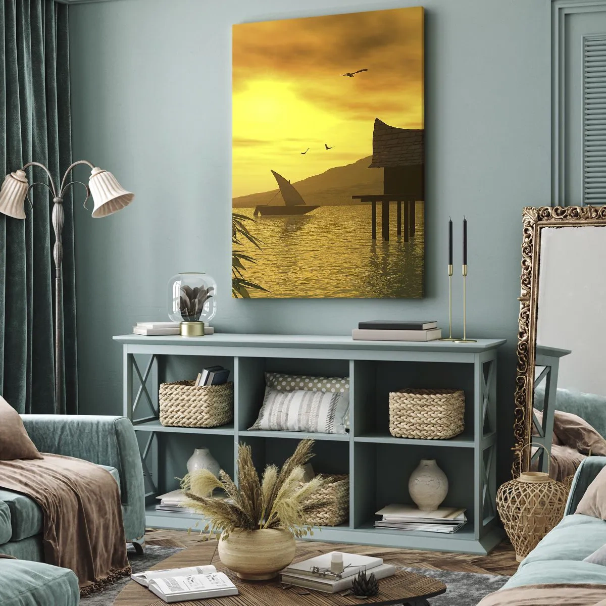 Cuadro sobre lienzo - Impresión de Imagen - Puesta de sol tropical sobre el agua con casa de madera sobre pilotes. - 80x120cm - La ansiada paz - Decoración de pared moderna para salón y dormitorio ARTTOR