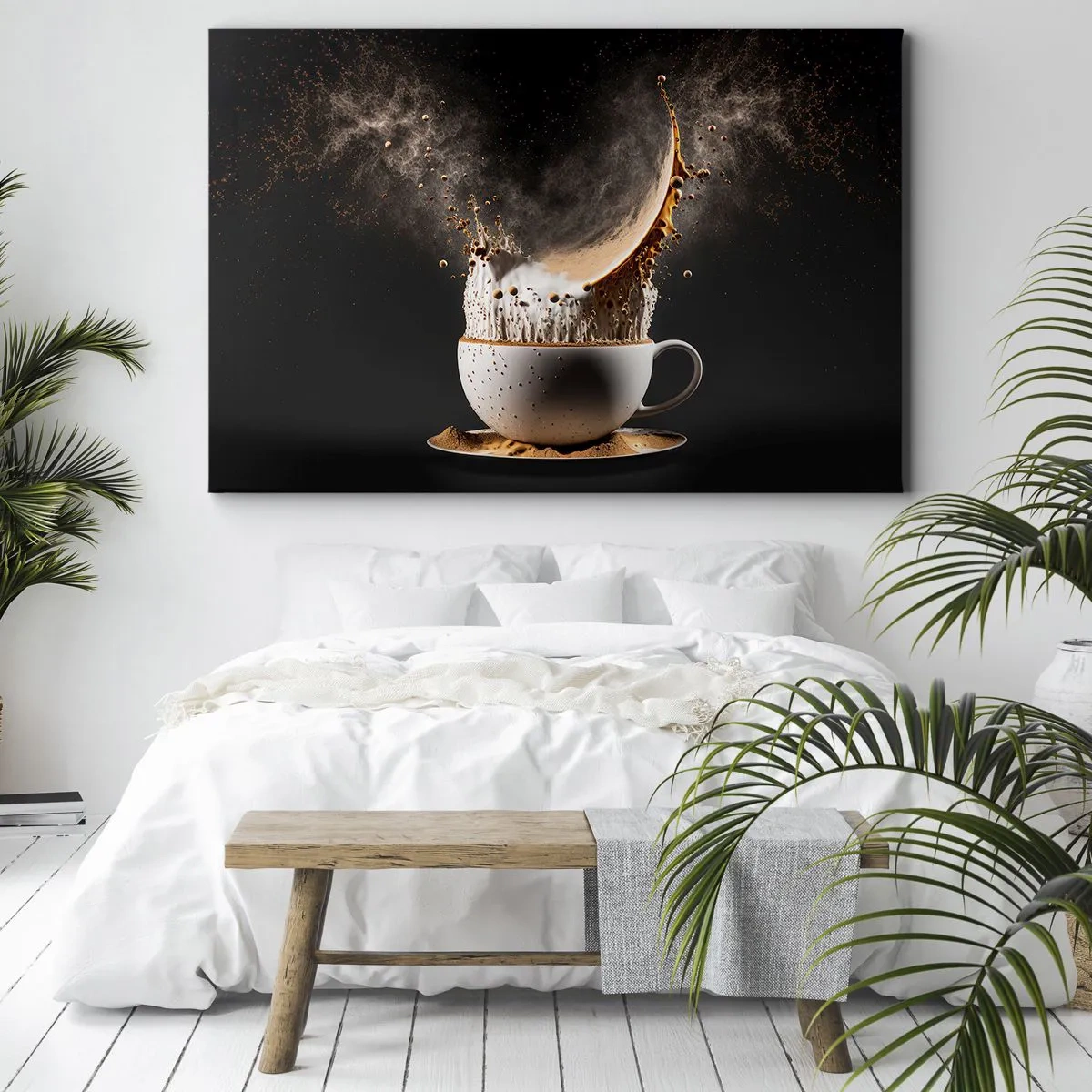 Cuadro sobre lienzo - Impresión de Imagen - Una taza de café con una explosión dinámica de líquido sobre un fondo negro. - 70x50cm - Una explosión de sabor - Decoración de pared moderna para salón y dormitorio ARTTOR