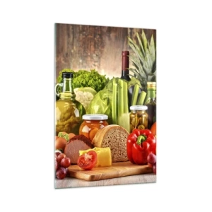 Cuadro sobre vidrio - Impresiones sobre Vidrio - Frutas, verduras y productos alimenticios coloridos. - 70x100cm - La mesa está lista - Decoración de pared moderna para salón y dormitorio ARTTOR