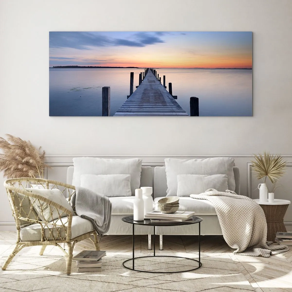 Cuadro sobre vidrio - Impresiones sobre Vidrio - Muelle de madera en el lago al atardecer - 140x50cm - La calma de un crepúsculo sereno - Decoración de pared moderna para salón y dormitorio ARTTOR