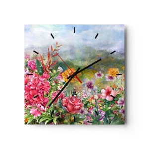 Reloj de pared - Reloj de vidrio - Una colorida composición de flores sobre un fondo de paisaje de color pastel. - 30x30cm - Un jardín enloquecido - Decoración de pared moderna para salón y dormitorio ARTTOR