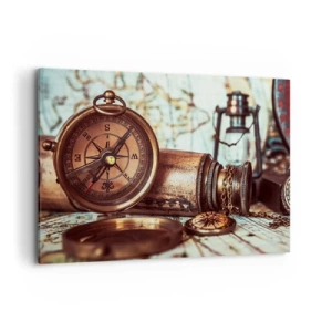 Cuadro sobre lienzo - Impresión de Imagen - Un conjunto retro con brújula, telescopio y mapa con temática de viajes. - 120x80cm - Te espera una aventura pirata en el Caribe - Decoración de pared moderna para salón y dormitorio ARTTOR
