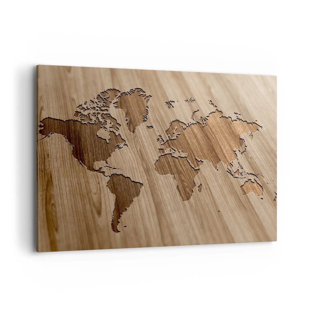 Cuadro sobre lienzo - Impresión de Imagen - Un mapa del mundo recortado sobre una superficie de madera. - 120x80cm - El mundo servido en la mesa - Decoración de pared moderna para salón y dormitorio ARTTOR