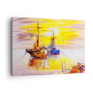 Cuadro sobre lienzo - Impresión de Imagen - Una escena pictórica de barcos en un mar en calma. - 70x50cm - Un merecido descanso en el puerto - Decoración de pared moderna para salón y dormitorio ARTTOR