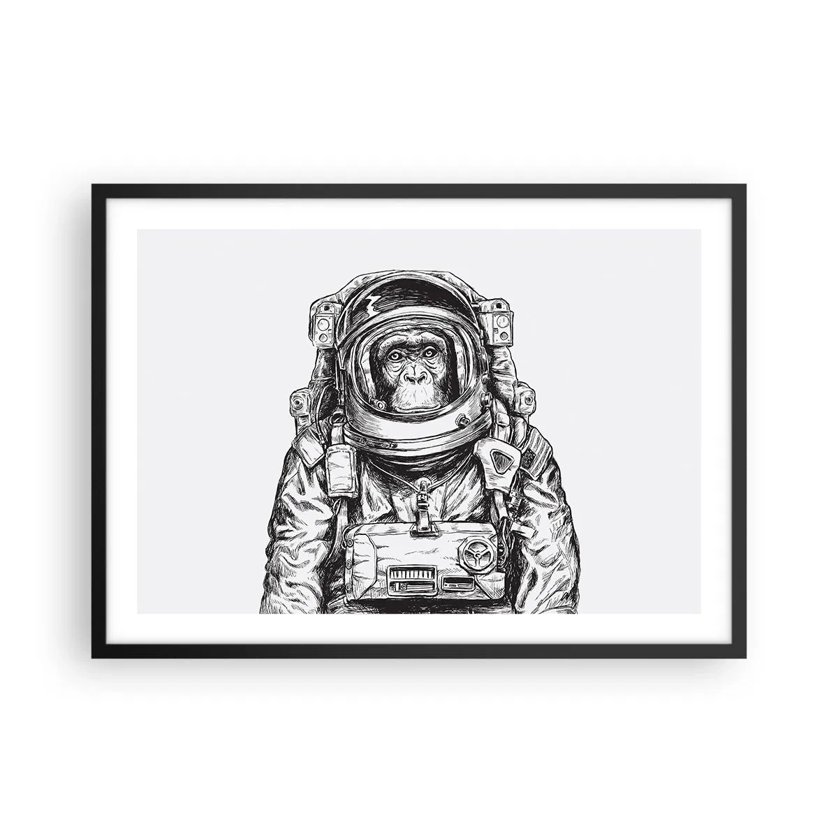 Póster en marco negro - Gráfico de un astronauta en un traje espacial con cabeza de mono. - 70x50cm - Evolución alternativa - Decoración de pared moderna para salón y dormitorio ARTTOR