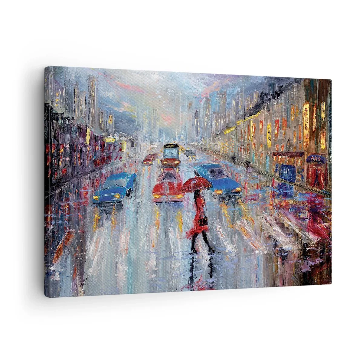 Cuadro sobre lienzo - Impresión de Imagen - Una mujer con un paraguas en una calle lluviosa bajo la luz de neón. - 70x50cm - Una tarde de lluvia en la ciudad - Decoración de pared moderna para salón y dormitorio ARTTOR