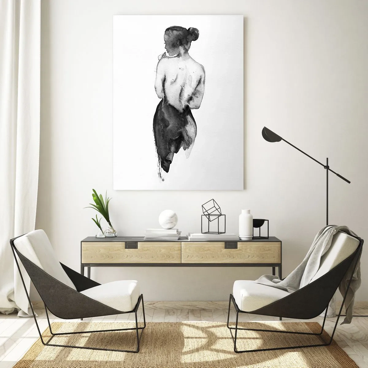Cuadro sobre vidrio - Impresiones sobre Vidrio - Silueta en blanco y negro de una mujer en estilo acuarela. - 50x70cm - Sin ella el mundo deja de tener sentido - Decoración de pared moderna para salón y dormitorio ARTTOR