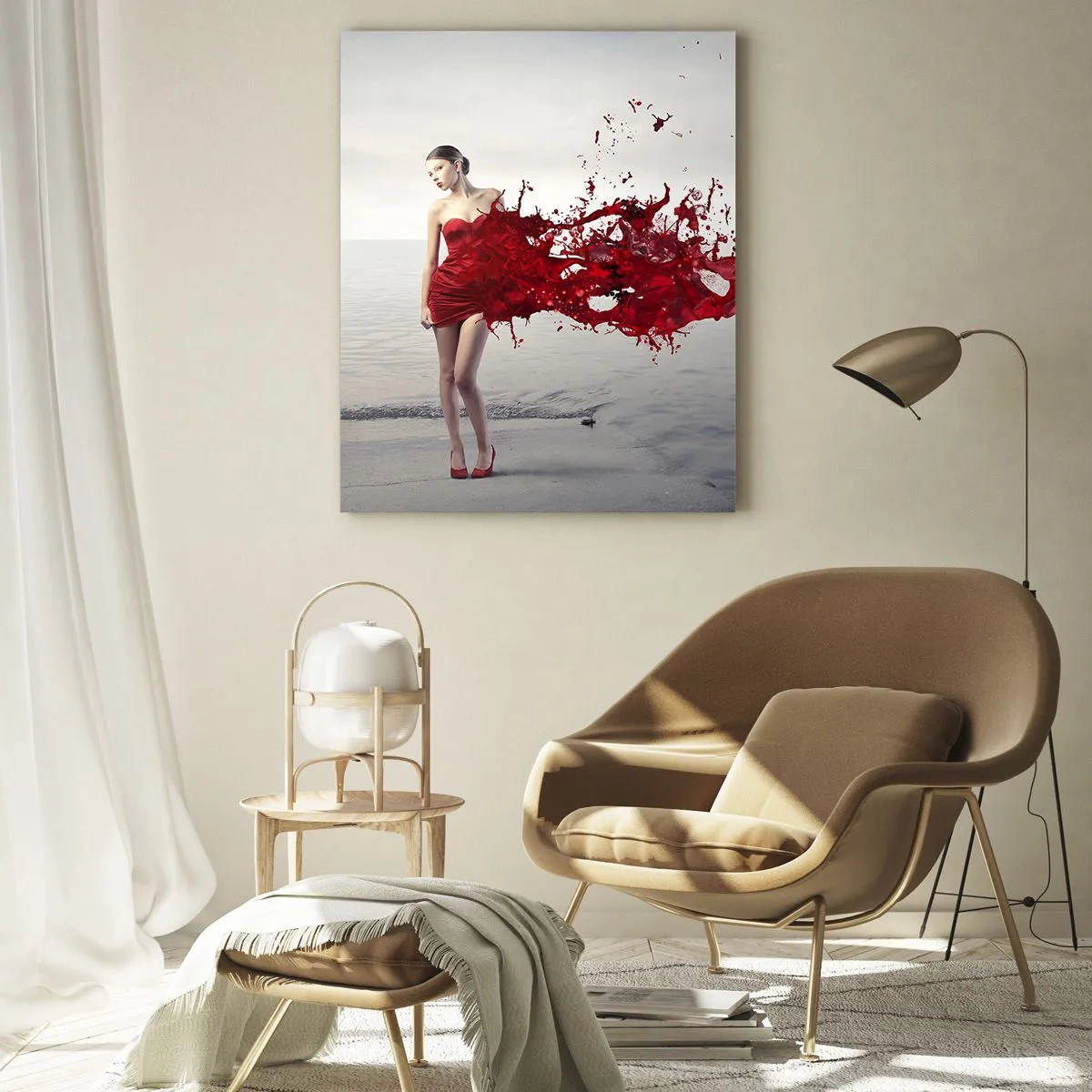 Cuadro sobre vidrio - Impresiones sobre Vidrio - La figura de una mujer con un vestido rojo sobre el fondo del mar. - 50x70cm - Apasionada como la escarlata - Decoración de pared moderna para salón y dormitorio ARTTOR