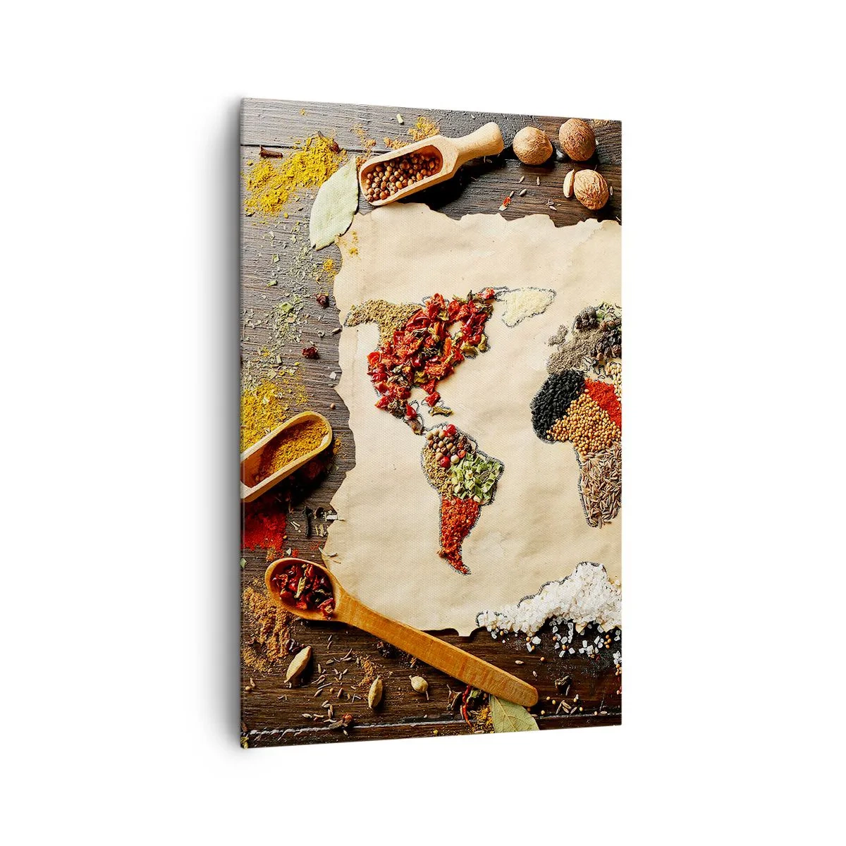Cuadro sobre lienzo - Impresión de Imagen - Un mapa del mundo hecho de especias sobre un fondo de madera. - 80x120cm - Todos los sabores del mundo - Decoración de pared moderna para salón y dormitorio ARTTOR