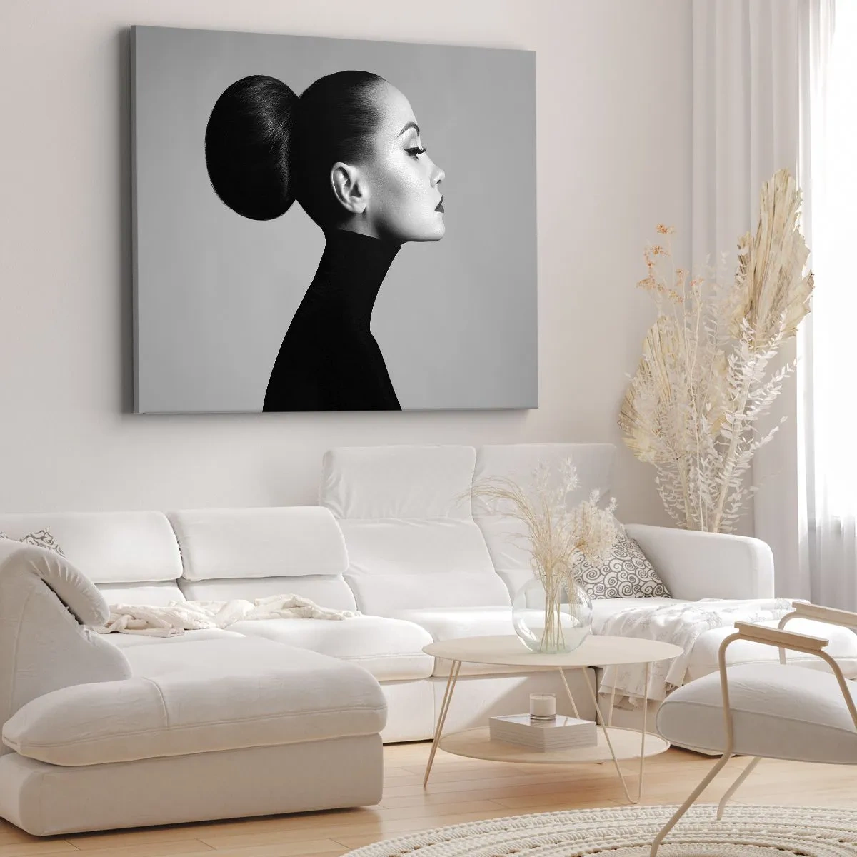 Cuadro sobre lienzo - Impresión de Imagen - Perfil de una mujer en blanco y negro con un elegante moño. - 100x70cm - Nefertiti contemporánea - Decoración de pared moderna para salón y dormitorio ARTTOR